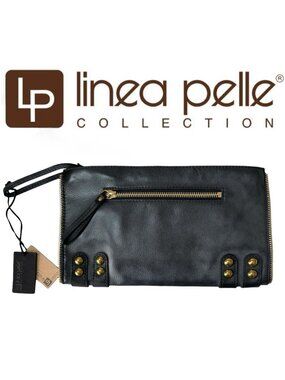NWT Linea Pelle Large Studded Clutch Bag Black Leather Italian Boho
